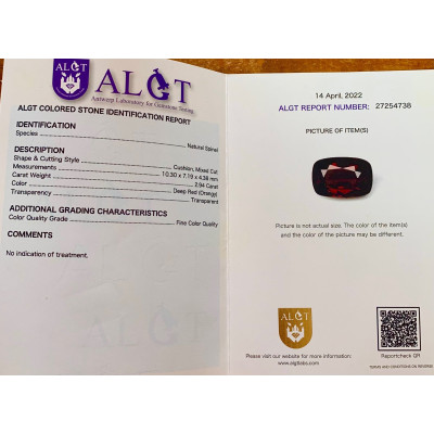 Spinelle rouge 2.94cts non chauffé de Birmanie certificat AGTL