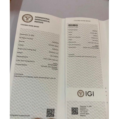 Emeraude 7.46cts certificat IGI