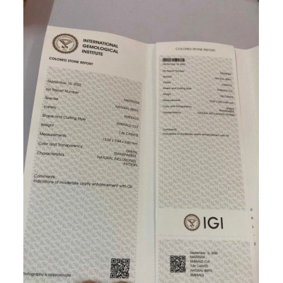 Emeraude 7,46cts certificat IGI