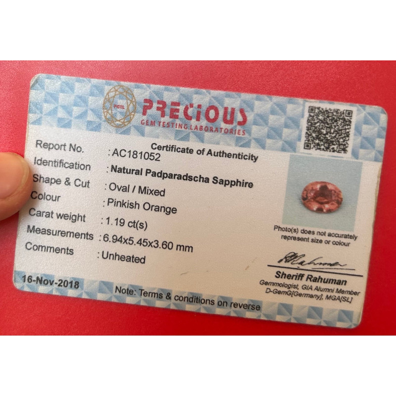 Saphir padpardscha 1.19cts certificat PRECIOUS