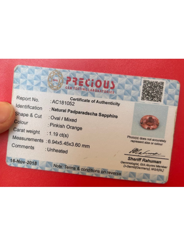 Saphir padpardscha 1.19cts certificat PRECIOUS