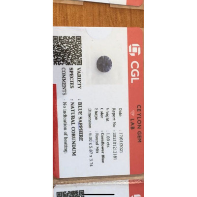 Saphir bleu 1.00cts non chauffé certificat CGL