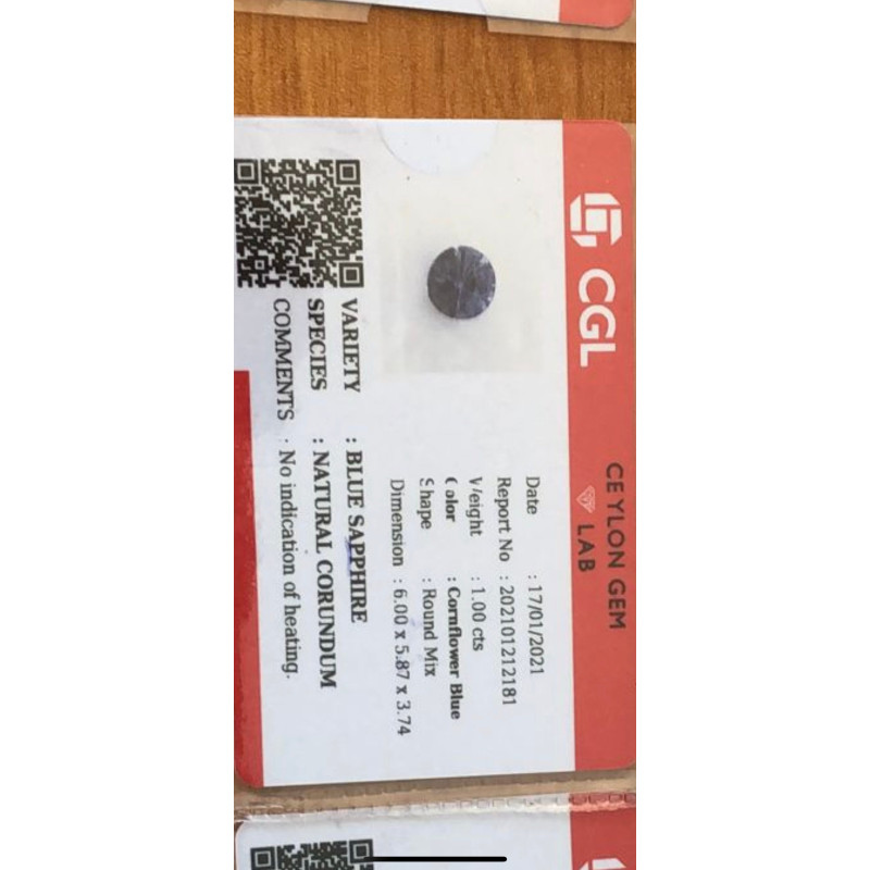 Saphir bleu 1.00cts non chauffé certificat CGL