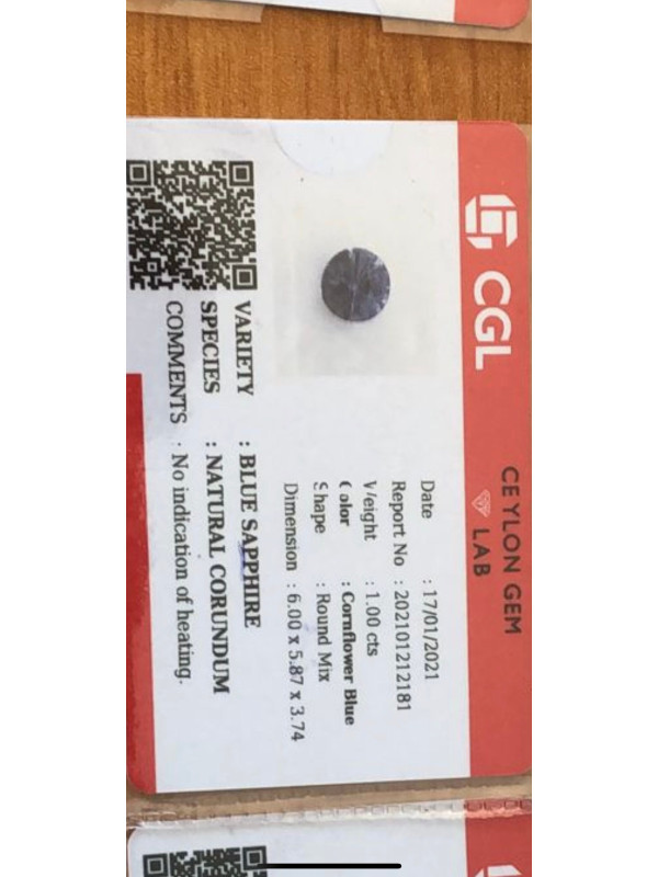 Saphir bleu 1.00cts non chauffé certificat CGL