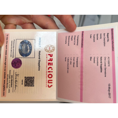 Saphir bleu 1.01cts chauffé certificat PRECIEUX