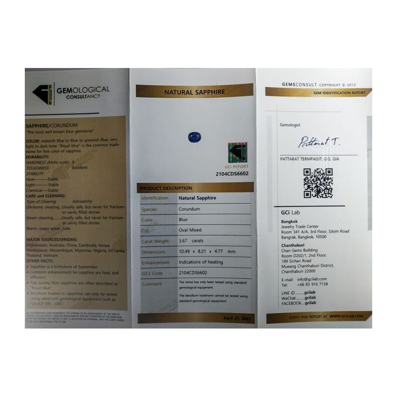 Saphir bleu chauffé 3,67cts certificat GCI