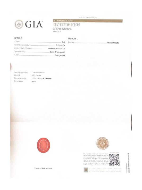 Rhodochrosite 7,51cts certificat GIA