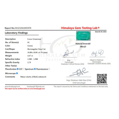 Emeraude 4.47cts de Colombie certificat IGI et HGTL